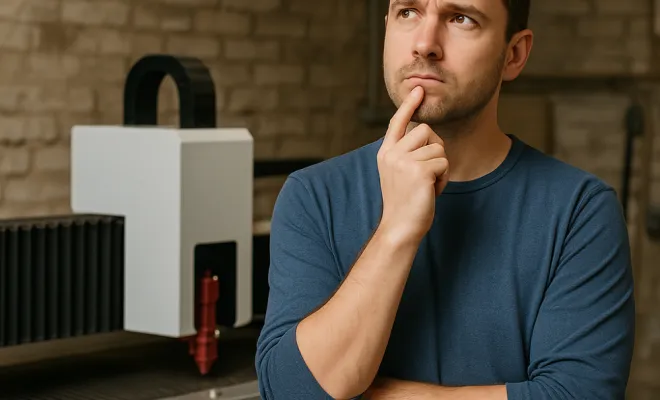 Un utilisateur devant son laser hésite avant de lancer le travail : la machine est prête, mais le réglage n’est pas sûr. La formation RDWorks & EZCAD 2 sert justement à transformer ce doute en certitude.